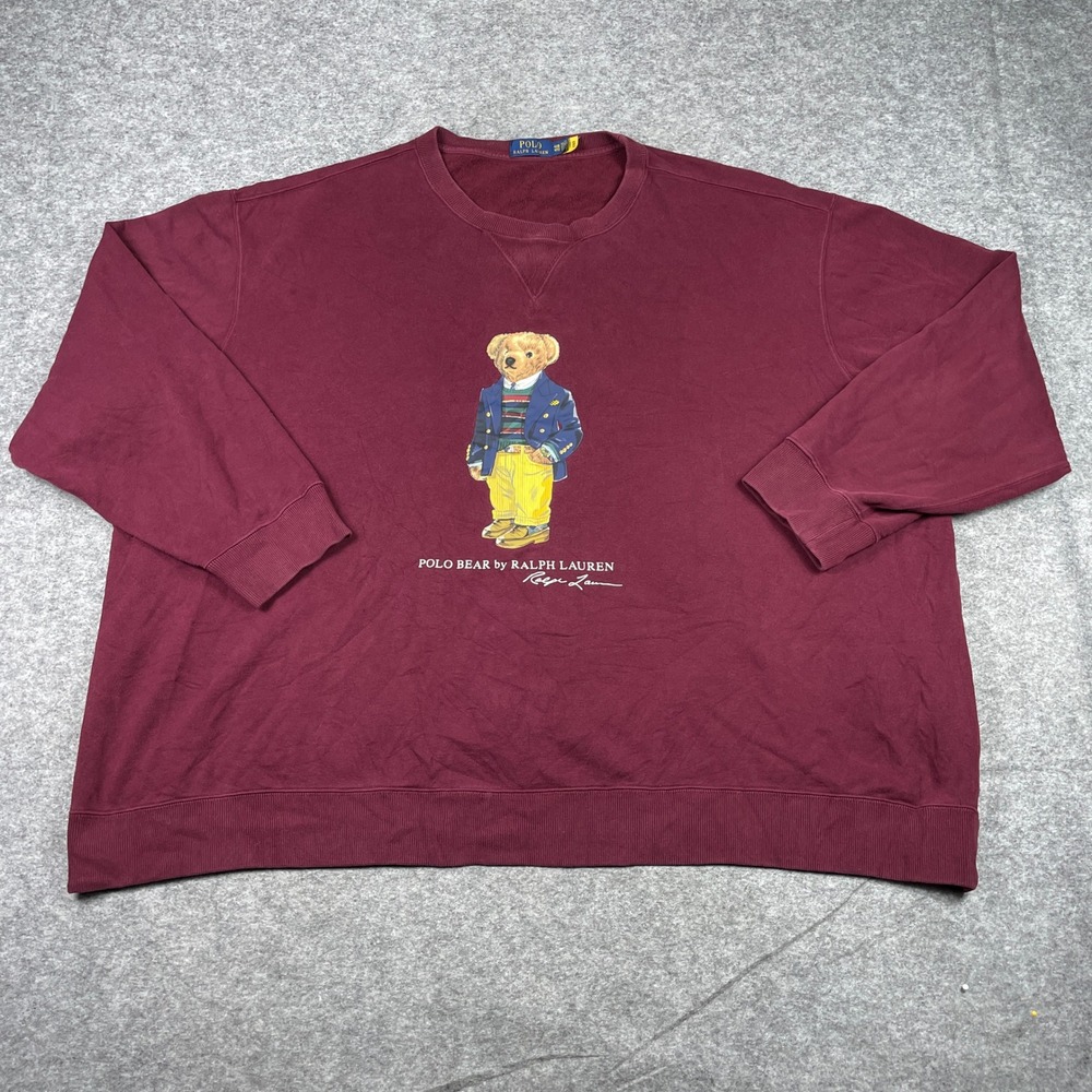 Polo Ralph Lauren Polo Bear Sweatshirt Mens 4XB Burgundy Pullover Fleece V-Notch